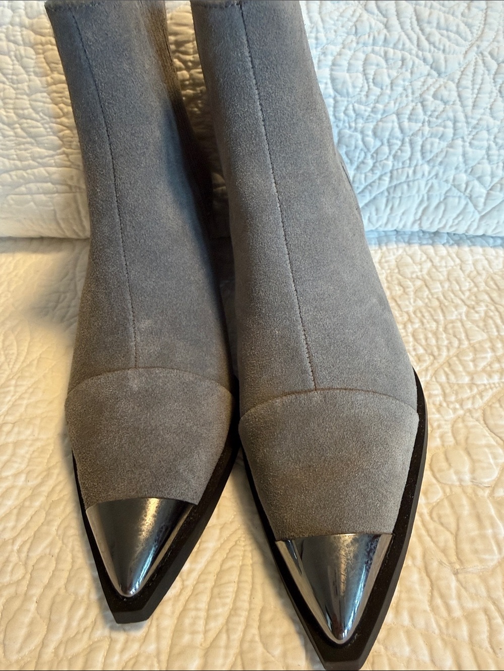 Halston Heritage Gray Suede Ankle Boots with Silver Cap Toe